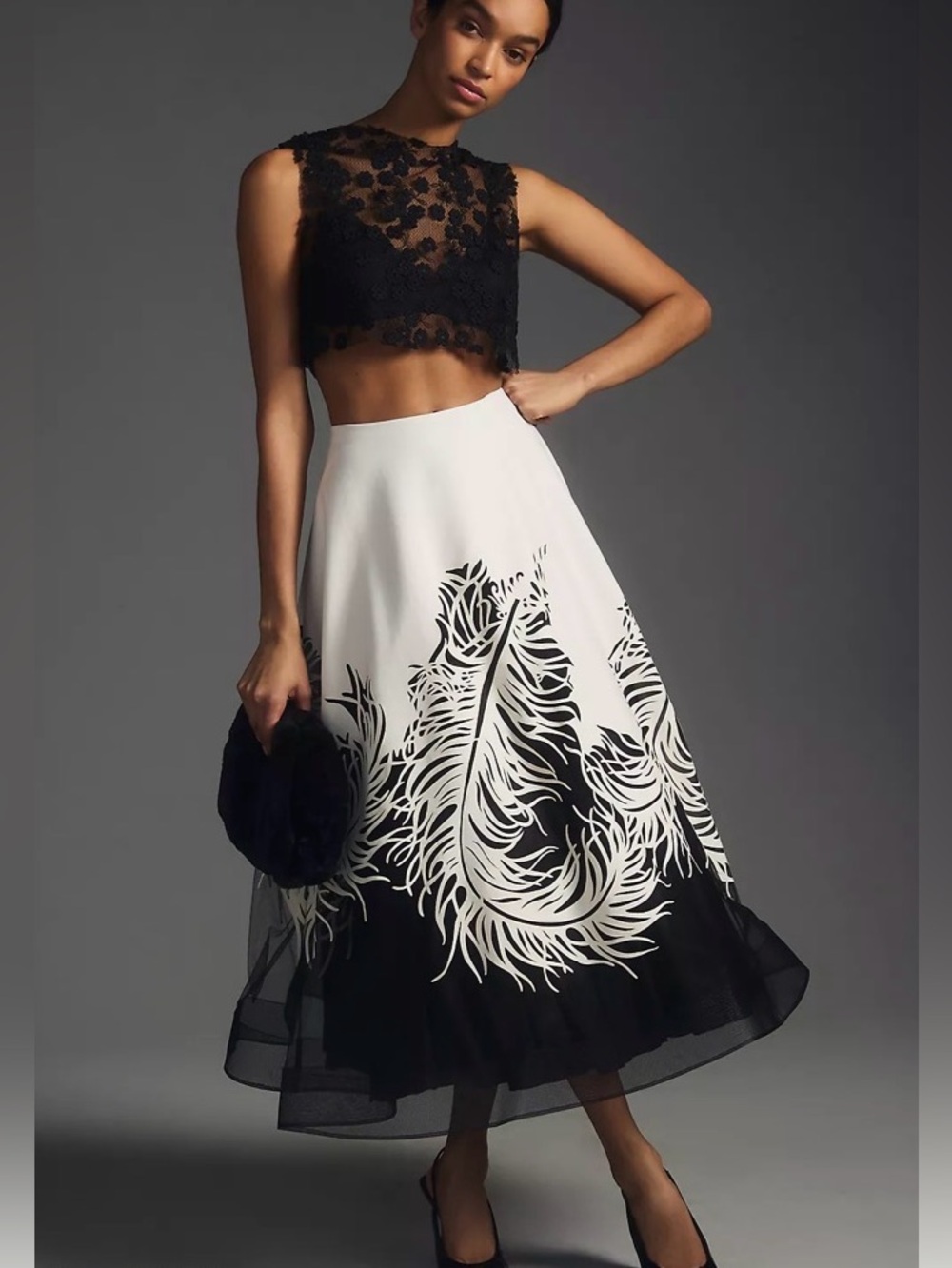 Geisha Designs Feather Tulle Maxi Skirt High Waist A-Line Black White Size XS - Picture 2 of 12